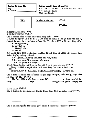 Đề kiểm tra cuối kì I môn Lịch sử-Địa lí Khối 5 (Có đáp án) - Trường TH Long Tân