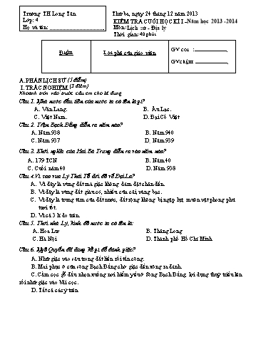 Đề kiểm tra cuối kì I môn Lịch sử-Địa lí Lớp 4 (Có đáp án) - Trường TH Long Tân