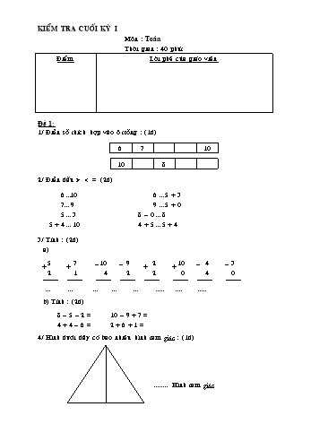 Đề kiểm tra cuối kì I môn Toán + Tiếng việt Lớp 1