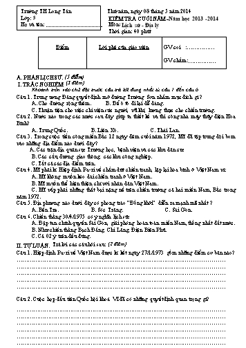 Đề kiểm tra cuối năm môn Lịch sử-Địa lí Khối 5 (Có đáp án) - Trường TH Long Tân