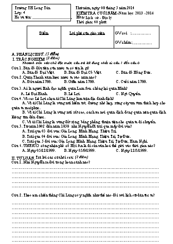 Đề kiểm tra cuối năm môn Lịch sử-Địa lí Lớp 4 (Có đáp án) - Trường TH Long Tân