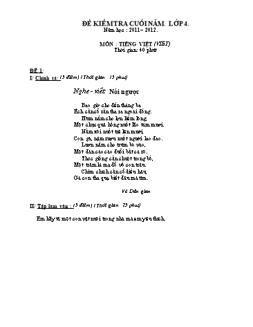 Đề kiểm tra cuối năm môn Tiếng việt Khối 4 (Có đáp án)