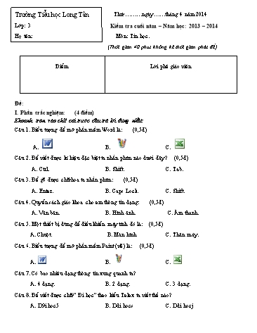 Đề kiểm tra cuối năm môn Tin học Lớp 3