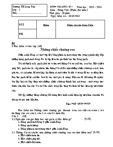 Đề kiểm tra giữa học kì I môn Tiếng việt Lớp 3 (Có đáp án) - Trường TH Long Tân