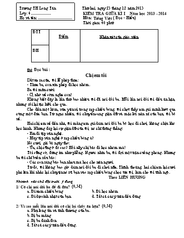Đề kiểm tra giữa học kì I môn Tiếng việt Lớp 4 (Có đáp án) - Trường TH Long Tân