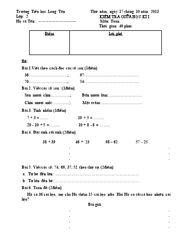 Đề kiểm tra giữa học kì I môn Toán Lớp 2 (Có đáp án) - Trường TH Long Tân