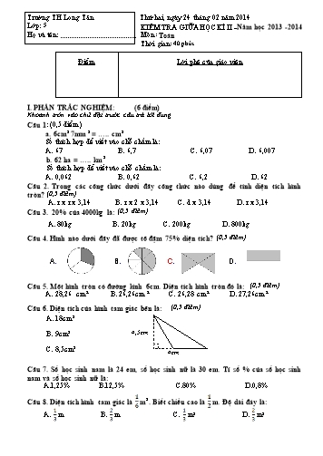 Đề kiểm tra giữa học kì II môn Toán Khối 5 (Có đáp án) - Trường TH Long Tân