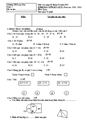 Đề kiểm tra giữa học kì II môn Toán Lớp 1 (Có đáp án)