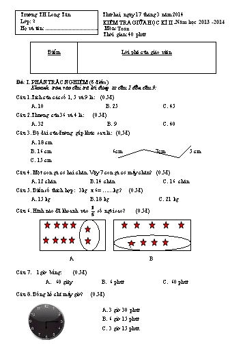 Đề kiểm tra giữa học kì II môn Toán Lớp 2 (Có đáp án) - Trường TH Long Tân