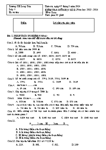 Đề kiểm tra giữa học kì II môn Toán Lớp 3 (Có đáp án) - Trường TH Long Tân