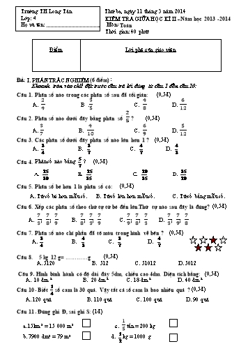 Đề kiểm tra giữa học kì II môn Toán Lớp 4 (Có đáp án) - Trường TH Long Tân Đề kiểm tra giữa học kì II môn Toán Lớp 4 (Có đáp án) - Trường TH Long Tân