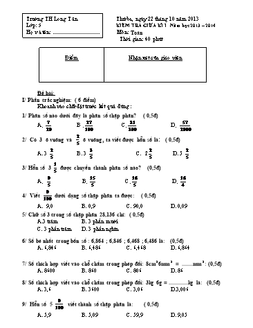 Đề kiểm tra giữa kì I môn Toán Khối 5 (Có đáp án) - Trường TH Long Tân