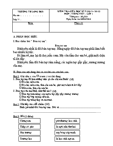Đề kiểm tra giữa kì II Lớp 1 môn Tiếng Việt (Có đáp án) - Trường TH Long Hòa