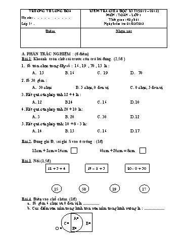 Đề kiểm tra giữa kì II Lớp 1 môn Toán (Có đáp án) - Trường TH Long Hòa