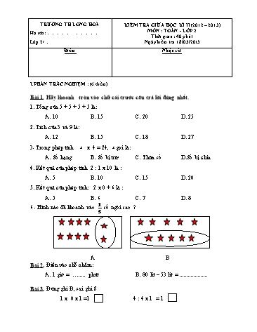 Đề kiểm tra giữa kì II Lớp 2 môn Toán (Có đáp án) - Trường TH Long Hòa