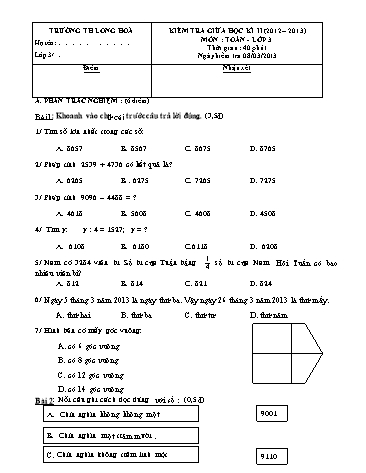 Đề kiểm tra giữa kì II Lớp 3 môn Toán (Có đáp án) - Trường TH Long Hòa
