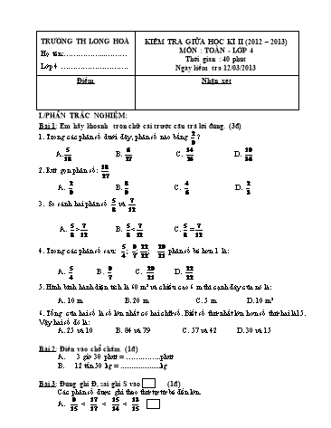 Đề kiểm tra giữa kì II Lớp 4 môn Toán (Có đáp án) - Trường TH Long Hòa