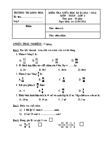 Đề kiểm tra giữa kì II Lớp 4 môn Toán (Có đáp án)