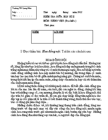 Đề kiểm tra giữa kì II Lớp 5 môn Tiếng Việt (Đọc hiểu) (Có đáp án) - Trường TH Long Hòa