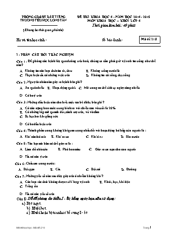 Đề kiểm tra học kì I môn Khoa học Lớp 4 (Có đáp án) - Năm học 2014-2015