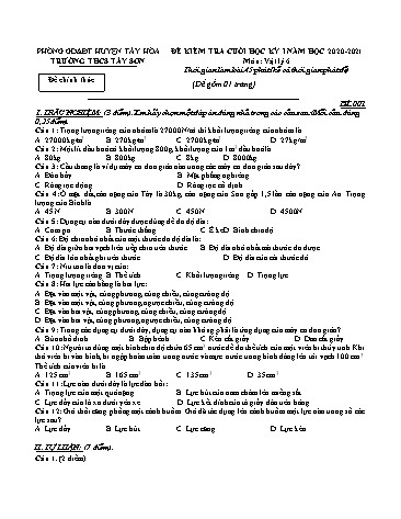 Đề kiểm tra học kì I môn Vật lí Lớp 6 (Có đáp án) - Năm học 2020-2021 - Trường THCS Tây Sơn