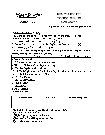 Đề kiểm tra học kì II môn GDCD Lớp 7 (Có đáp án) - Năm học 2019-2020 - Trường THCS Tây Sơn