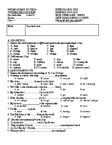 Đề kiểm tra học kì II môn Tiếng anh Lớp 6 (Có đáp án) - Năm học 2019-2020 - Trường THCS Tây Sơn