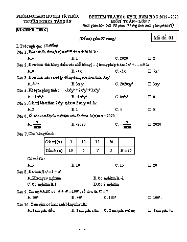 Đề kiểm tra học kì II môn Toán Lớp 7 (Có đáp án) - Năm học 2019-2020 - Trường THCS Tây Sơn Đề kiểm tra học kì II môn Toán Lớp 7 (Có đáp án) - Năm học 2019-2020 - Trường THCS Tây Sơn