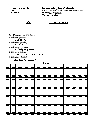 Đề kiểm tra môn Tiếng việt Lớp 1 giữa học kì 1 - Trường TH Long Tân
