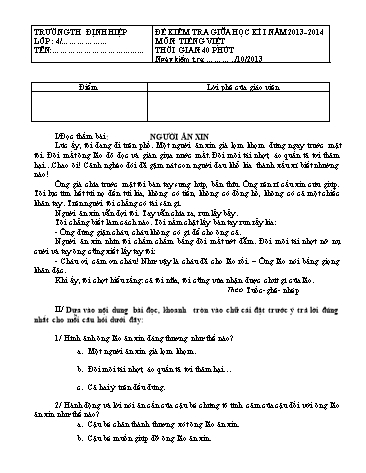 Đề kiểm tra môn Tiếng việt Lớp 4 giữa học kì I (Có đáp án)