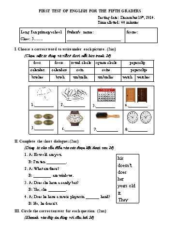 Đề kiểm tra Tiếng anh Khối 5 học kì I (Có đáp án) - Năm học 2014-2015