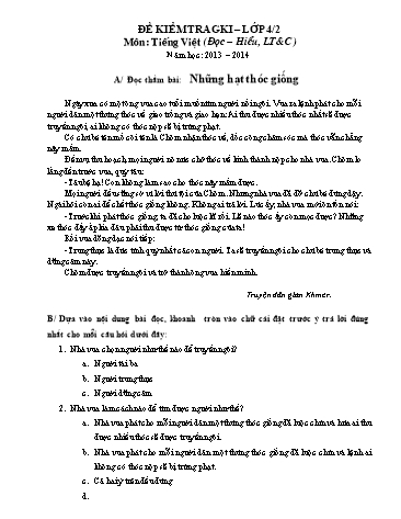 Đề kiểm tra Tiếng việt Khối 4 giữa học kì I (Có đáp án)