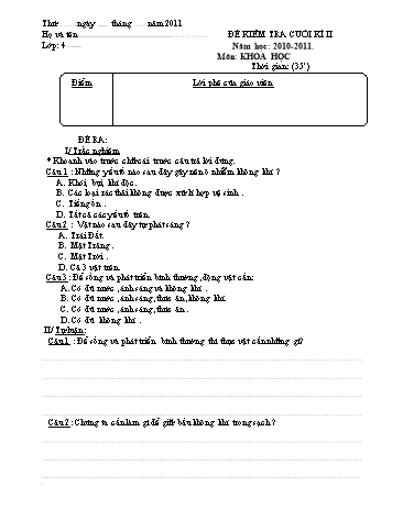 Đề thi học kì II môn Khoa học Lớp 4 (Có đáp án) Đề thi học kì II môn Khoa học Lớp 4 (Có đáp án)