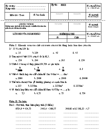 Đề thi học kì II môn Toán Lớp 5 (Có đáp án)