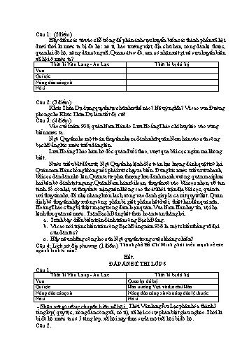 Đề thi môn Lịch sử Lớp 6 - Đề số 3 (Có đáp án)
