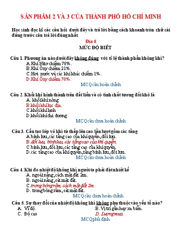 Đề trắc nghiệm môn Địa lí Lớp 6 (Có đáp án)