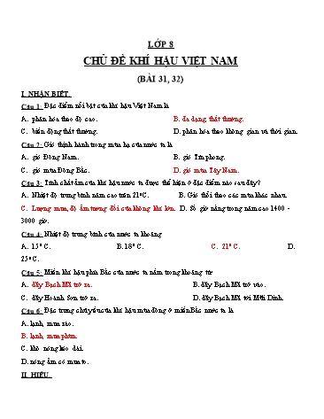Đề trắc nghiệm môn Địa lí Lớp 8 (Có đáp án)