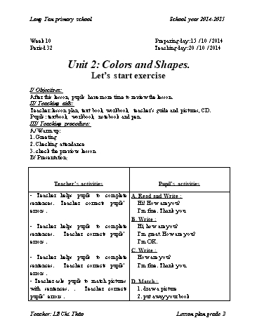 Giáo án môn Tiếng anh Lớp 3 - Tuần 10