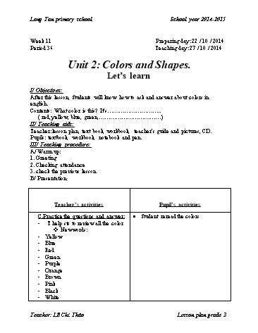 Giáo án môn Tiếng anh Lớp 3 - Tuần 11