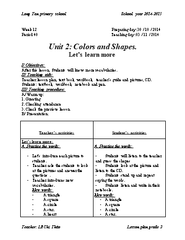 Giáo án môn Tiếng anh Lớp 3 - Tuần 12