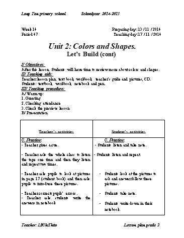 Giáo án môn Tiếng anh Lớp 3 - Tuần 14