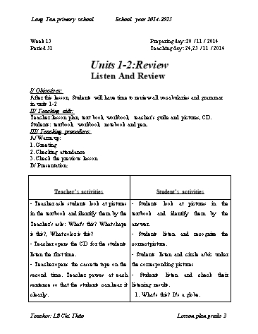 Giáo án môn Tiếng anh Lớp 3 - Tuần 15