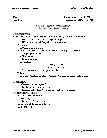 Giáo án môn Tiếng anh Lớp 3 - Tuần 7