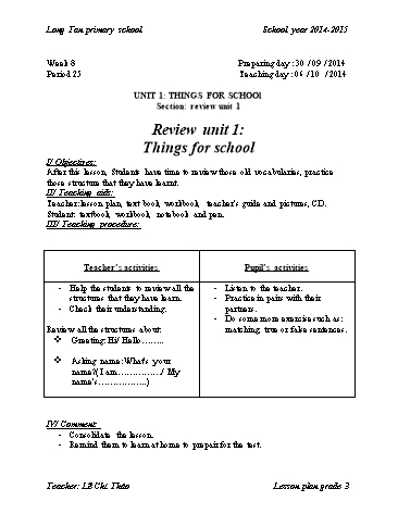 Giáo án môn Tiếng anh Lớp 3 - Tuần 8