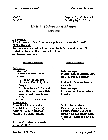 Giáo án môn Tiếng anh Lớp 3 - Tuần 9