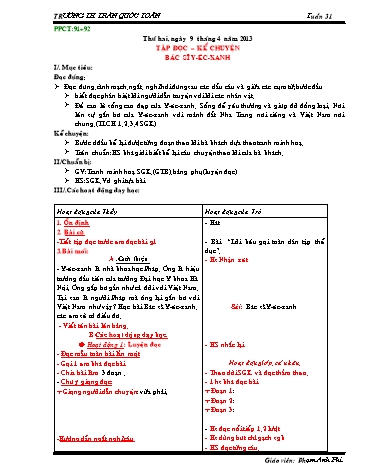 Giáo án môn Tiếng Việt Lớp 3 - Tuần 31 - Tập đọc-kể chuyện: Bác sĩ Y-Éc-Xanh