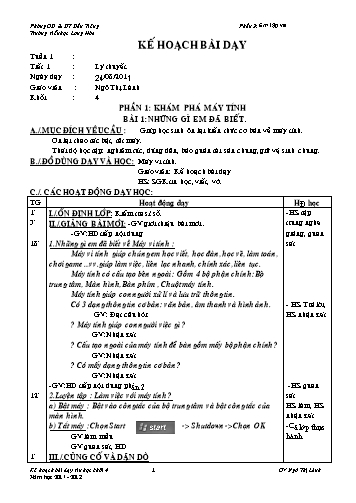 Giáo án môn Tin học Lớp 4 - Phần 1: Khám phá máy tính - Ngô Thị Lành