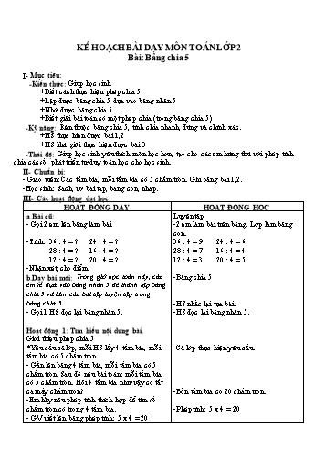 Giáo án môn Toán Lớp 2 - Bài: Bảng chia 5