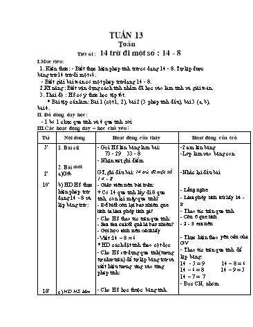 Giáo án môn Toán Lớp 2 - Tiết 61: 14 trừ đi một số: 14-8