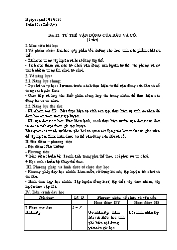 Giáo án Thể dục Lớp 1 - Bài 12: Tư thế vận động của đầu và cổ (Tiết 1) - Năm học 2020-2021